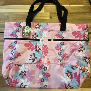 Pink Hawaiian Zipper Floral Tote Bag with sea turtles NEW